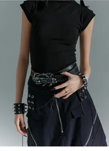Gothic punk skeleton hand buckle rivet belt, black leather rock waist belt for unisex.