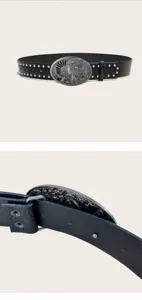 Ceinture en cuir noir style punk avec rivets en métal et boucle ovale pour la mode féminine.