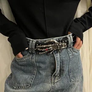 Gothic Punk Rivet PU Leather Belt Unisex Rock Skull Hand Buckle Waist Belt Fashion Casual Waistband For Men Women