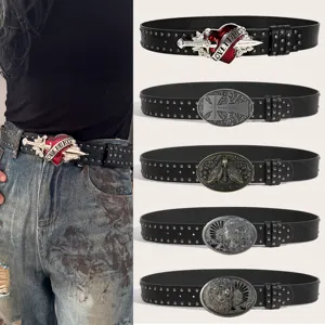 Style Punk Femmes Cuir PU Métal Rivet Cœur Dague Boucle Mode Ceinture