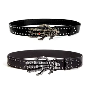 Gothic punk skeleton hand buckle leather belt with metal studs for men and women rock style