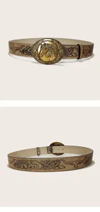 Ceinture marron style cowboy occidental avec tête de taureau gaufrée et boucle dorée vintage.