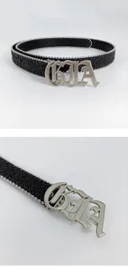 Women fashion glitter belt with metal letter buckle, sparkly rhinestone style for jeans dress.