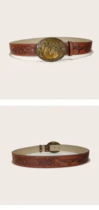 Ceinture en cuir marron style cowboy occidental avec boucle vintage et motif longhorn femme
