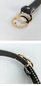 Black women belt with interlocking gold double ring buckle, silver beaded trim and glitter.