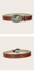 Ceinture en cuir marron style cowboy occidental avec gaufrage de taureau et boucle de cheval