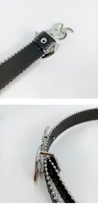 Detailed view of Y2K punk style black belt with silver hollow buckle and bead trim.
