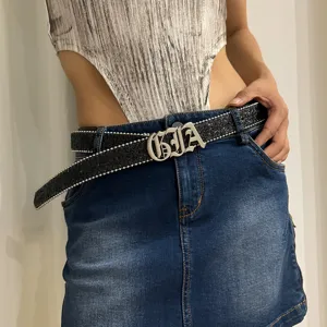 Women Fashion Sequin PU Leather Belt Gothic Letter Metal Buckle Waistband Casual Jeans Dress Decorative Belt