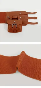 Cinturón ancho elástico marrón con mini bolsillo y diseño de triple correa para damas.