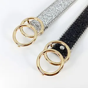 Women glitter waist belt with double round gold metal buckle fashion sparkle jeans accessory