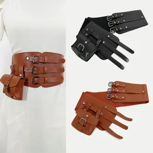 Cintura de Corsé Ancha de PU para Mujer Banda de Cintura de Moda Con Colgante de Bolsita y Hebilla de Alfiler de 3 Filas