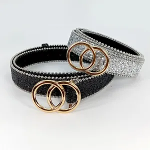 Women fashion sequin belt with gold double ring buckle sparkle waist belt stylish jeans accessory