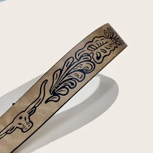 Ceinture en cuir marron gaufré style western pour femme, motif tête de bœuf et fleurs