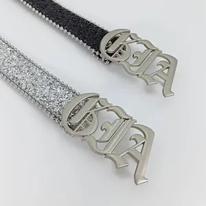 Women fashion sequin belt with gothic metal letter buckle for jeans and dress sparkling