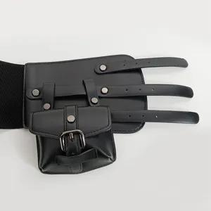 Cinturón ancho de moda negro con bolsillo de bolso de cintura y correas para vestidos de mujer