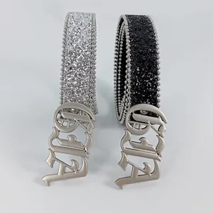 Women fashion rhinestone sequin belt with vintage gothic letter metal buckle for jeans skirt party.