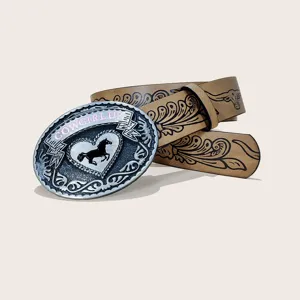 Ceinture en cuir marron style cowboy occidental avec grande boucle en métal pour femmes