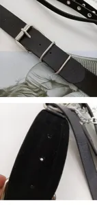 Detailansicht des Punk Gothic schwarzen Leder-Gurtgürtels mit Metallschnallen und Ketten.
