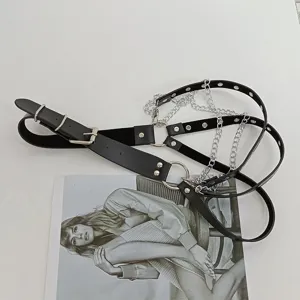 Punk Gothic schwarzer Leder Harness Gürtel mit Metallketten und Ringen für Damen Mode
