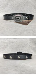 Vintage punk style black leather belt with western metal buckle and animal studs for women