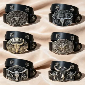 Cintura in Pelle PU Cowboy Occidentale Fibbia Cavallo Selvaggio in Metallo Vintage Rivetto Floreale Cintura Casual per Jeans Donna Uomo