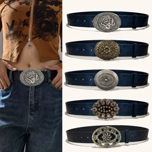 Retro Damen PU Leder Gürtel Blumen Geprägt Breiter Bund Mit Vintage Legierung Schnalle Für Jeans Kleid Mode