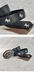 Retro punk style black leather belt featuring metal animal charms and statement buckle for jeans.