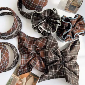 Retro Plaid Polyester Headband Wide Padded Plaid Scrunchie Hair Clips Set Bow Knot Hair Accessories For Women Autumn Winter