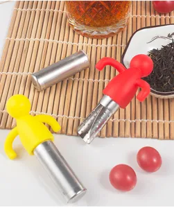 Creative silicone and stainless steel man-shaped tea infuser for loose leaf tea brewing.
