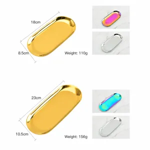 Stainless steel oval storage tray, gold and silver desktop organizer, jewelry display plate.