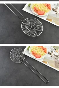 Stainless steel mesh skimmer colander with long handle for frying hot pot noodle kitchen tool.