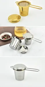 Stainless steel tea infuser detail view, fine mesh filter and folding handles for loose tea.