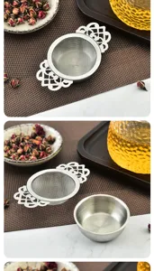 Stainless steel tea strainer detail showcasing lace double handles and fine mesh.