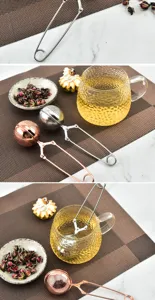 Stainless steel tea infuser detail view, pin-hole tea strainer for loose leaf tea and floral tea.