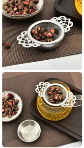 Stainless steel tea strainer with lace handle, fine mesh tea leaf residue filter for loose tea.