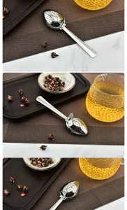 Close-up of stainless steel tea infuser spoon strainer for loose leaf tea filtering setup.