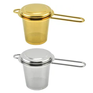 Stainless steel tea strainer with lid, dual handles, fine mesh for loose leaf tea brewing.