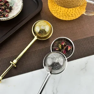 Stainless steel telescopic press tea infuser ball with fine mesh for loose leaf tea filtering.