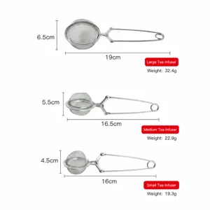 Colador de té de acero inoxidable bola con mango tabla de tallas y detalles de peso.