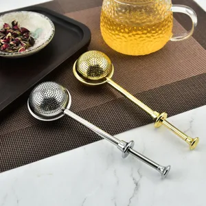 Stainless steel telescopic tea ball infuser with push handle for loose leaf tea and coffee.