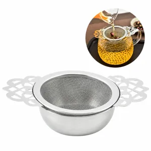 Stainless steel tea infuser with double handles and fine mesh for loose leaf tea brewing.
