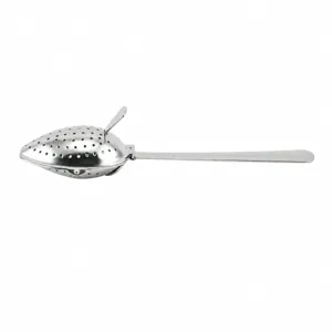 Stainless steel waterdrop tea infuser and strainer with long handle for brewing loose tea.
