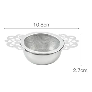 Stainless steel tea strainer with double lace handles, fine mesh leaf tea dregs filter tool.