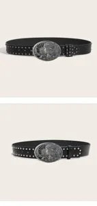 Detail view of retro art nouveau profile buckle black leather belt with metal studs.