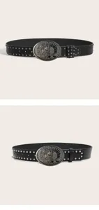 Retro black leather belt with metal studs and unique 3D relief buckle for women and men.
