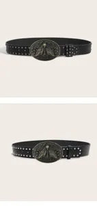 Gothic retro black leather belt with metal studs and antique skull moth buckle for men and women