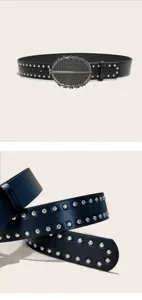 Black studded leather belt with vintage oval buckle, punk style jeans belt for men and women.