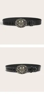Vintage punk style black leather belt with metal skull buckle and rivets for jeans and dresses