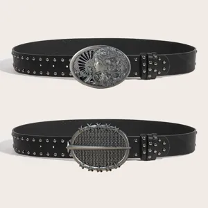 Retro embossed buckle leather belt, stylish vintage design for men and women denim jeans dress