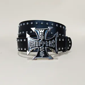 Punk style black leather studded belt with a prominent metal iron cross buckle main view.